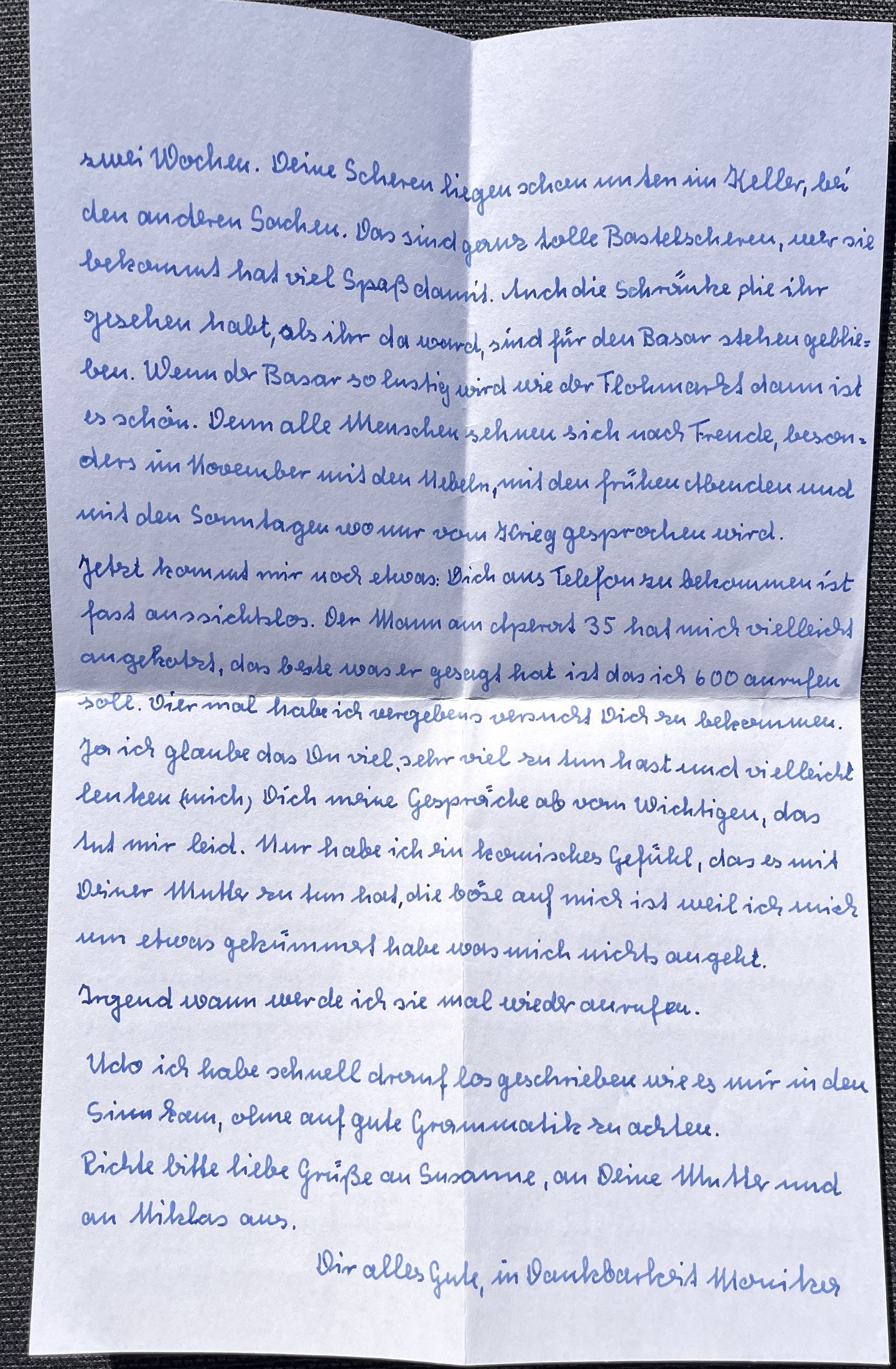 Zweite Seite mit dem Bericht vom Basar, den Anrufen und dem Schlussgruß