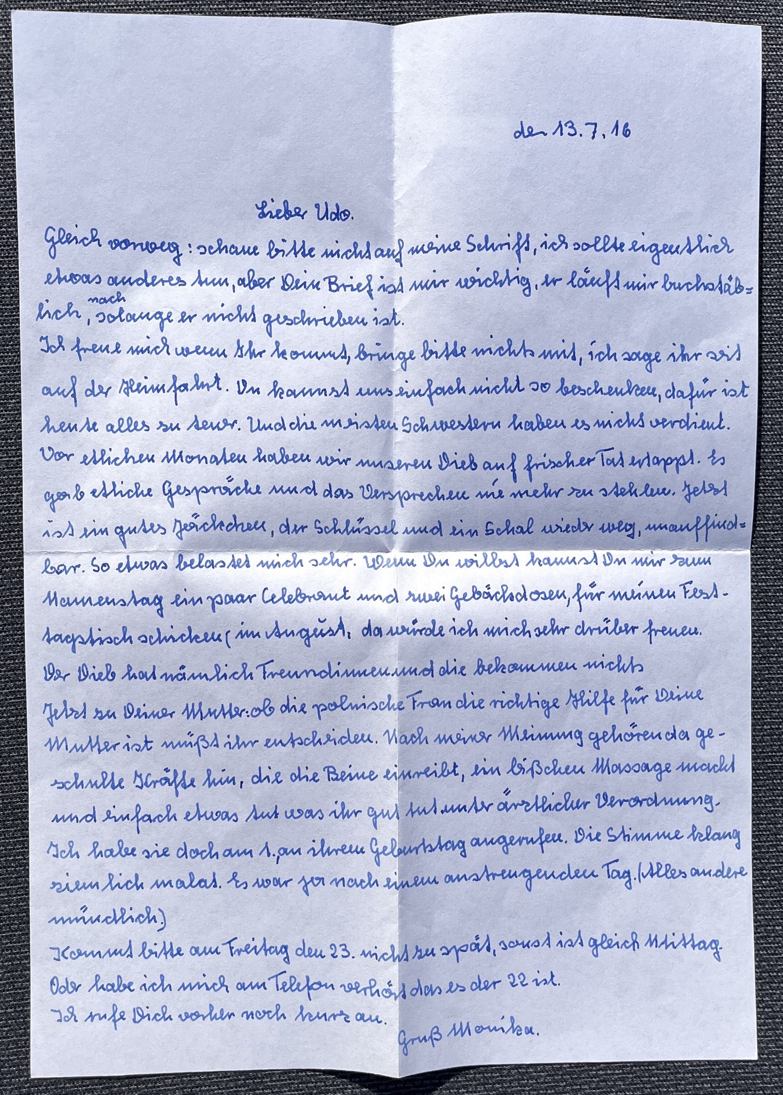 Der Brief auf einem Bogen, einseitig beschrieben, mit Datumszeile und Schlussgruß