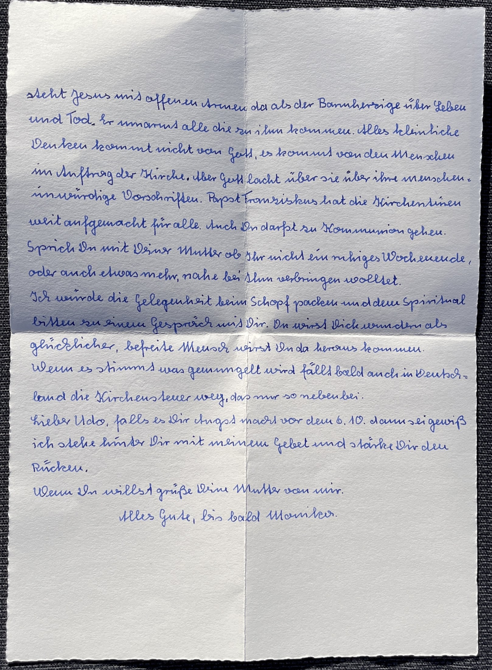 Zweite Seite mit dem Jahr der Barmherzigkeit, dem Rat zum Gespräch und dem Schlussgruß