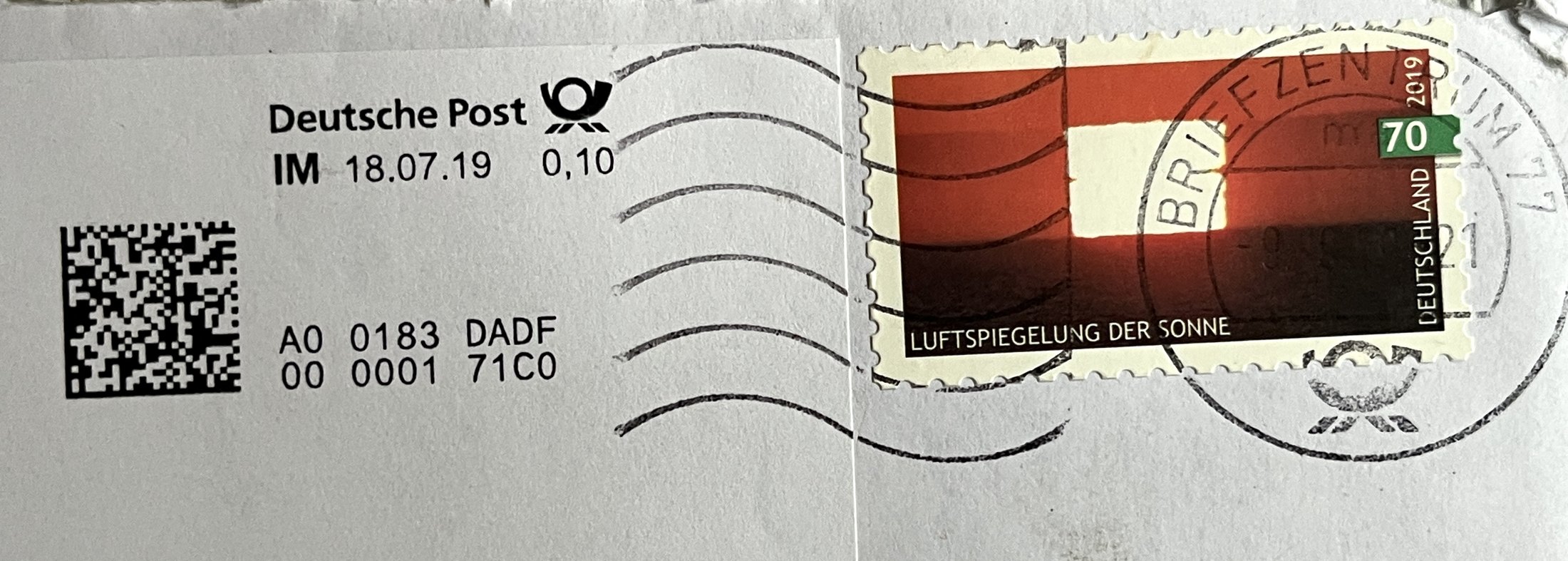 Umschlag: Briefmarke Luftspiegelung der Sonne (2019) mit Ergänzungsfrankierung und Poststempel