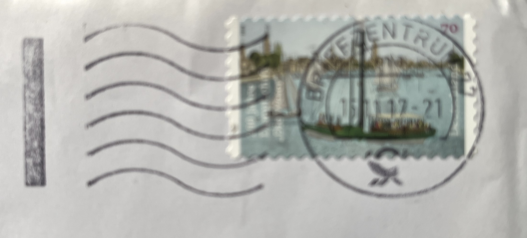 Umschlag: Briefmarke „200 Jahre Dampfschiff Die Weser“, Poststempel vom 15. 11. 2017